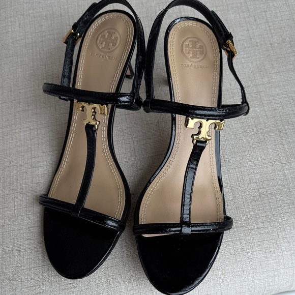 Tory Burch Shoes - Tory Burch Black Patent Leather T-Strap Sandals with Gold Logo